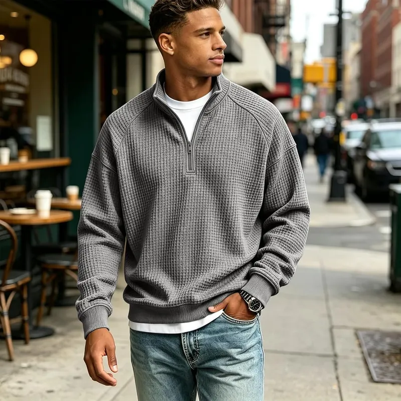 Generic Men Quarter Zip Pullover Waffle Knit – product photo 5 of 5