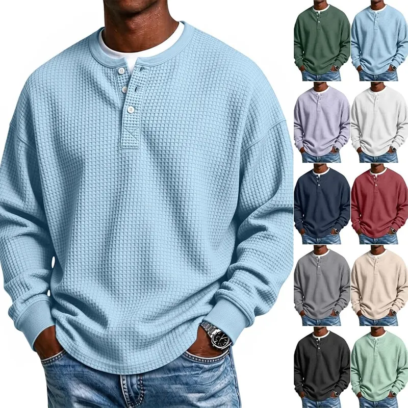 Generic Men’s Henley Shirts Long Sleeve Button A01 Light Blue in A01 Light Blue