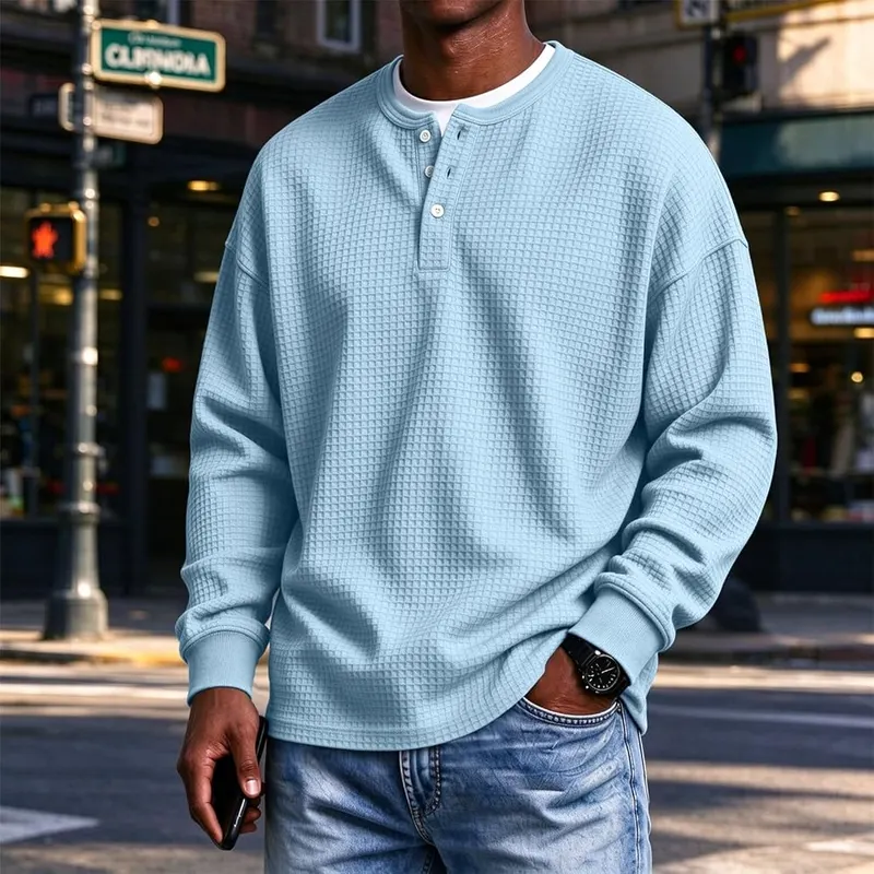 Generic Men’s Henley Shirts Long Sleeve Button A01 Light Blue – Waffle Texture
