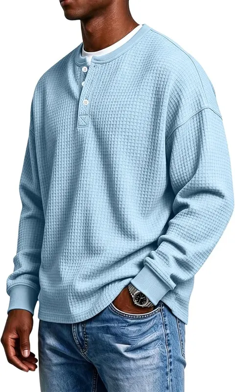 Generic Men’s Henley Shirts Long Sleeve Button A01 Light Blue – Long Sleeve Design