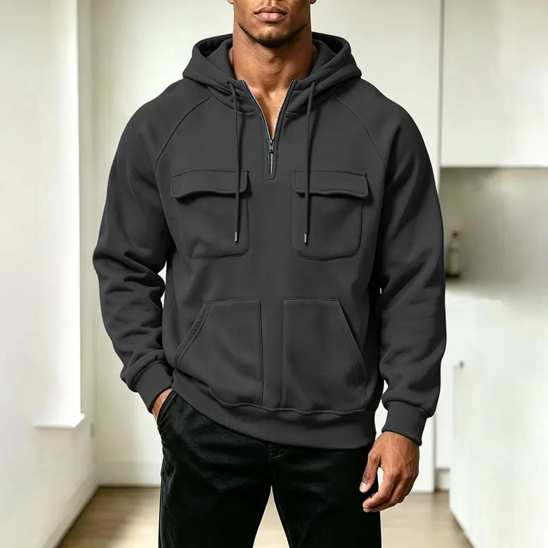 Generic Men’s Quarter Zip Utility Hoodie – Utility Multi-Pocket Quarter Zip Design - Two structured