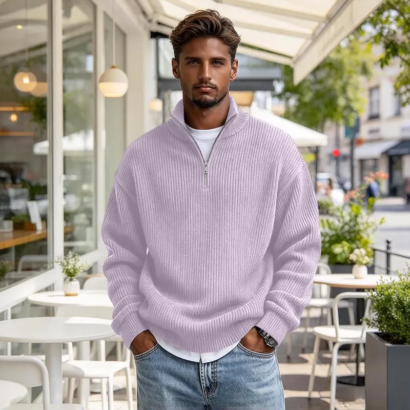 Generic Mens 1/4 Zip Big and Tall A09 Light Purple – Ribbed Textured Design