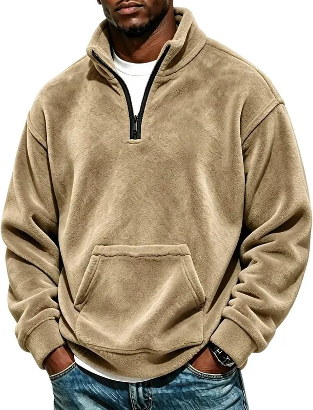 Generic Mens Flannel Quarter Zip Pullover Mockneck A006-khaki Large in A006-khaki