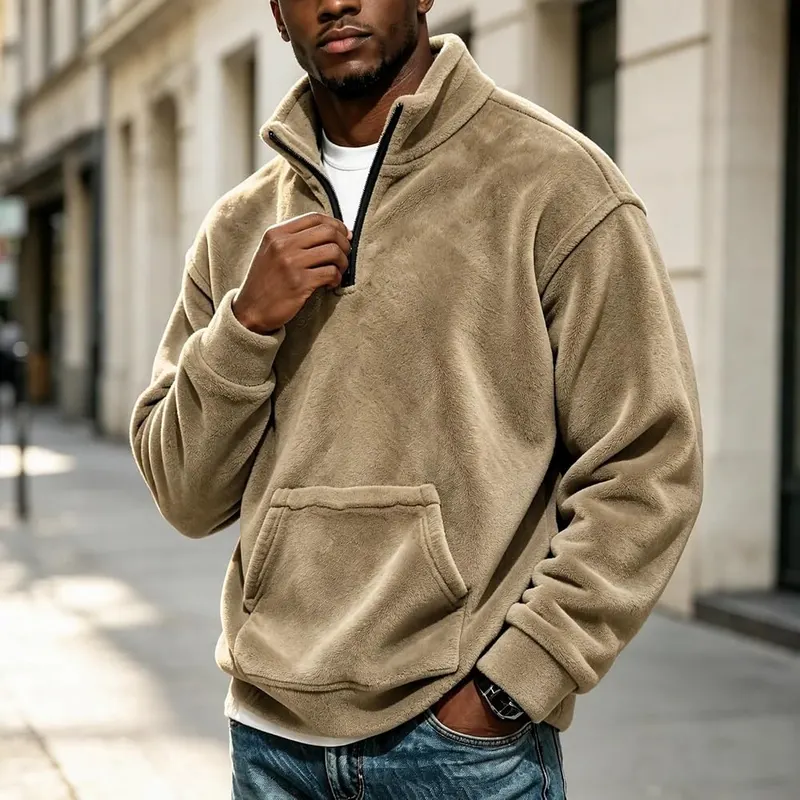 Generic Mens Flannel Quarter Zip Pullover Mockneck A006-khaki Large – product photo 2 of 4