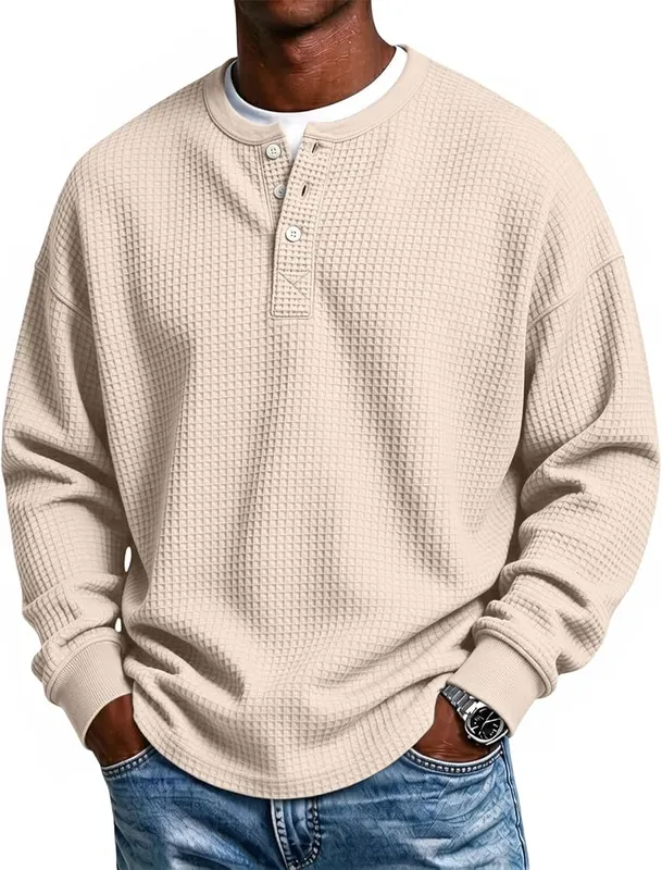 Generic Mens Henley Shirt Long Sleeve Button A05 Khaki in A05 Khaki
