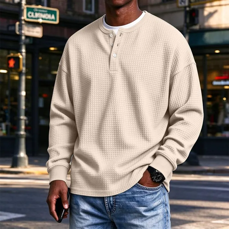 Generic Mens Henley Shirt Long Sleeve Button A05 Khaki – Waffle Texture