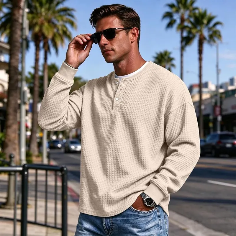 Generic Mens Henley Shirt Long Sleeve Button A05 Khaki – Button Henley Neck