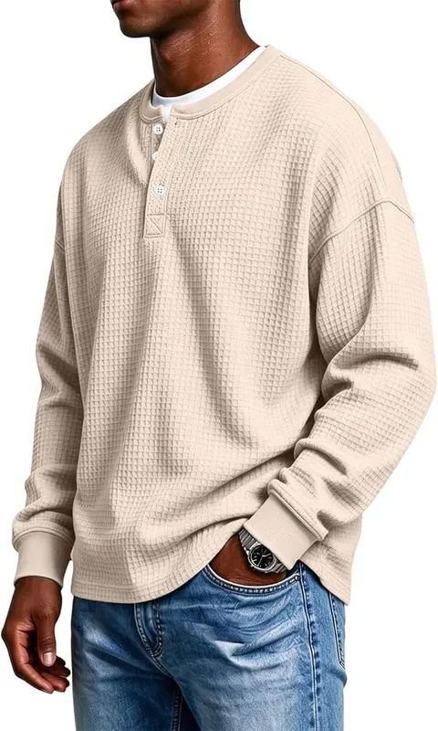 Generic Mens Henley Shirt Long Sleeve Button A05 Khaki – Long Sleeve Design