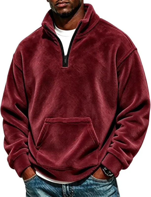Generic Mens Quarter Zip Pullover Flannel Mockneck Lined，1/4 in A008-wine