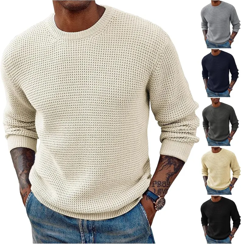 Generic Mens Waffle Knit Sweater Long Sleeve in A001-white