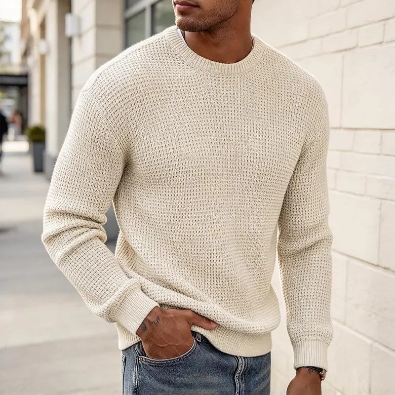 Generic Mens Waffle Knit Sweater Long Sleeve – product photo 2 of 6