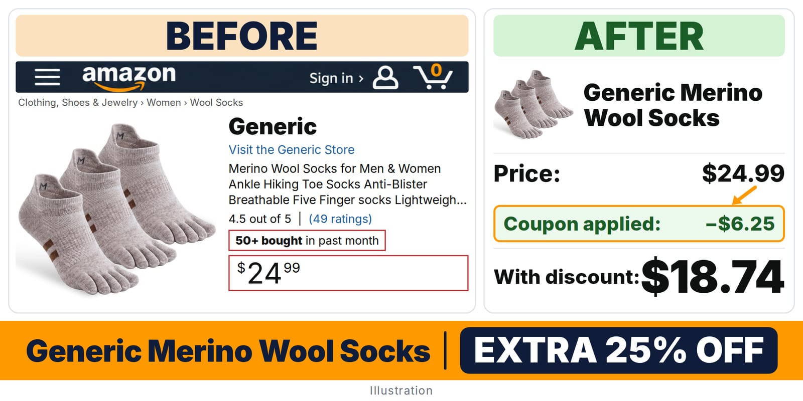 Generic Merino Wool Socks deal: before and after – 25% off on Amazon