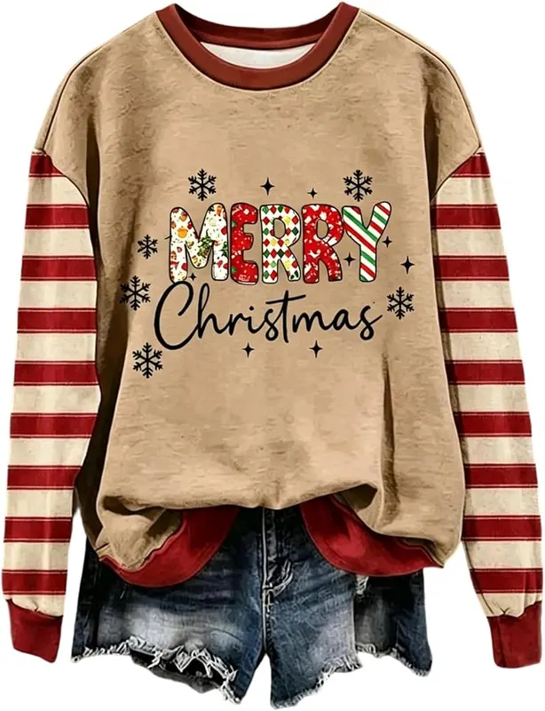 Generic Merry and Bright Sweatshirt A005- Khaki 3X-Large – Colorful Christmas Print：Plain knit sweaters lack festive charm