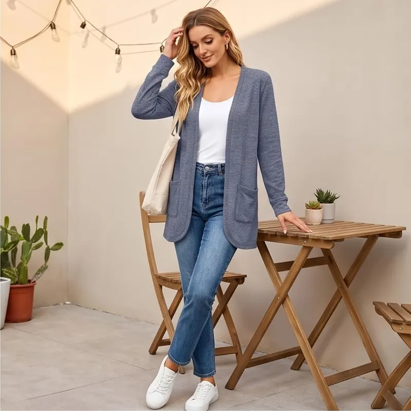 Generic Open Front Cardigan D04 Navy Blue – Long Sleeve & Curved Hem Details