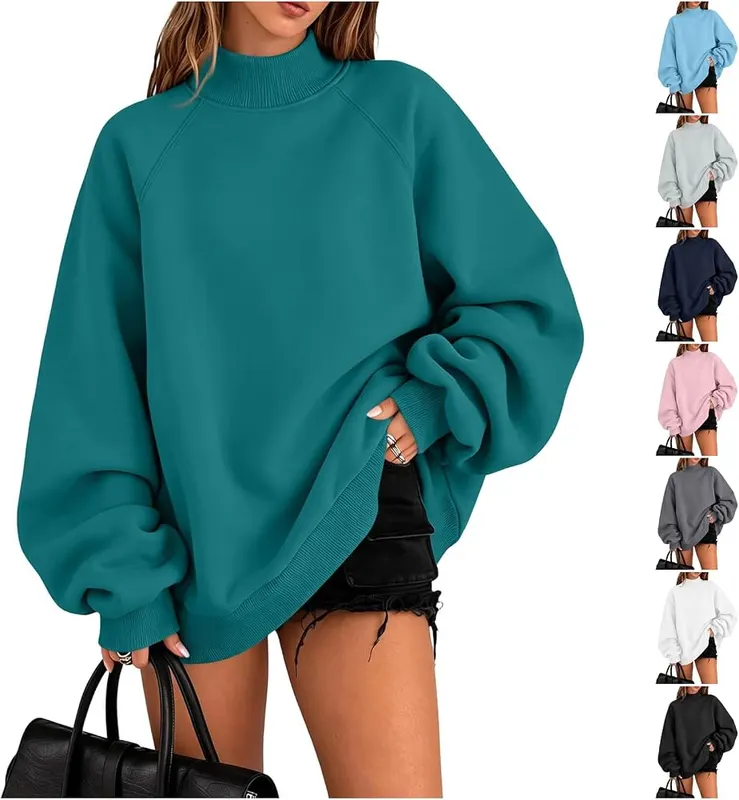 Generic Oversized Mock Neck Sweatshirt Womens Fleece A001-turquoise in A001-turquoise