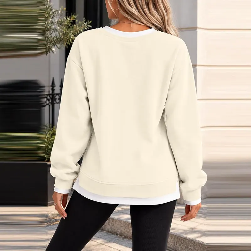 Generic Oversized Sweatshirt C003-beige Large – 2-in-1 Fake Two-Piece V Neck Tunic Sweatshirt
