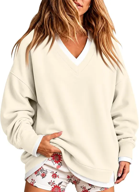 Generic Oversized Sweatshirt C003-beige Large – Classic V Neck Styling