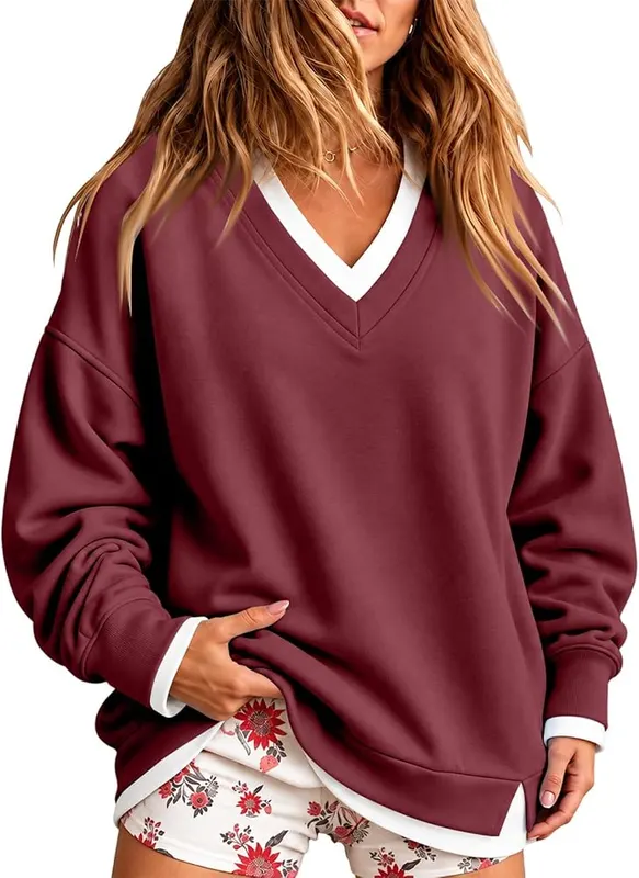 Generic Oversized Sweatshirts C006-wine – Classic V Neck Styling