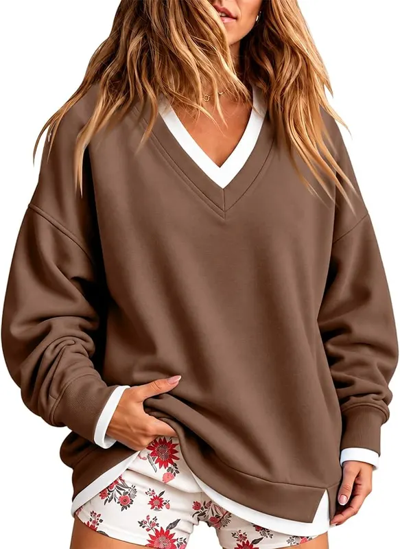Generic Oversized Sweatshirts Y2k C005-coffee – Classic V Neck Styling