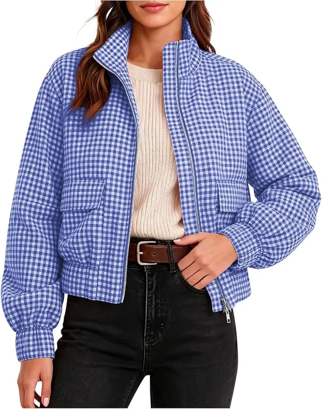 Generic Plaid Bomber Jacket Women Zip Up Y2k in Q06 Blue
