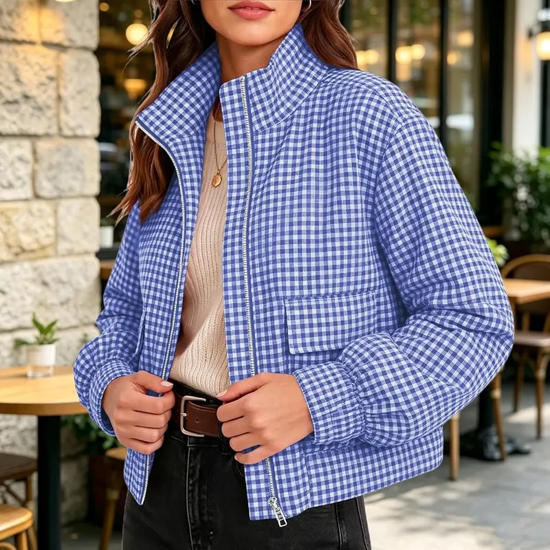 Generic Plaid Bomber Jacket Women Zip Up Y2k – Relaxed cropped silhouette