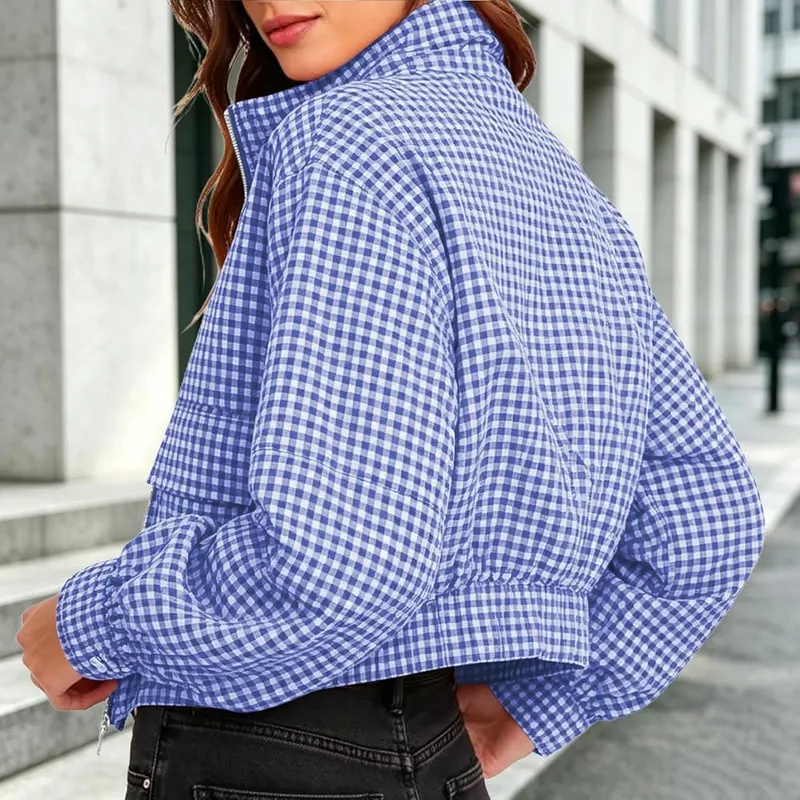 Generic Plaid Bomber Jacket Women Zip Up Y2k – Elasticized long sleeve cuffs