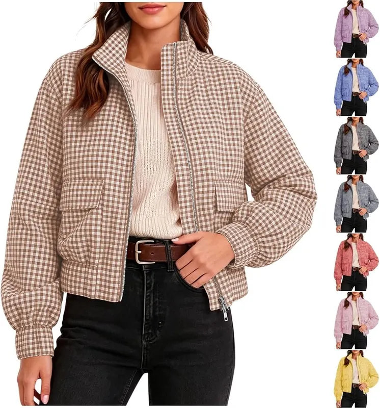 Generic Plaid Cropped Jackets Y2k Q01 Brown in Q01 Brown