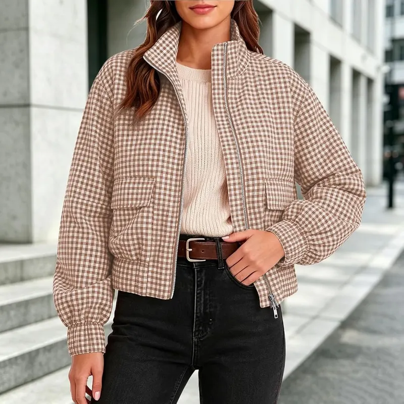 Generic Plaid Cropped Jackets Y2k Q01 Brown – Trendy gingham plaid pattern