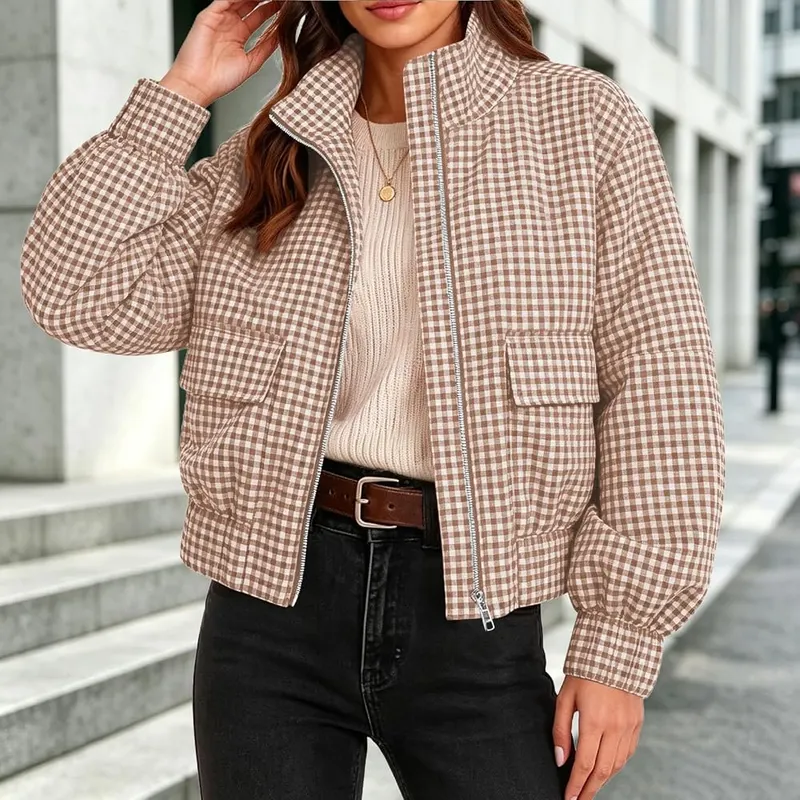 Generic Plaid Cropped Jackets Y2k Q01 Brown – Comfortable stand collar design