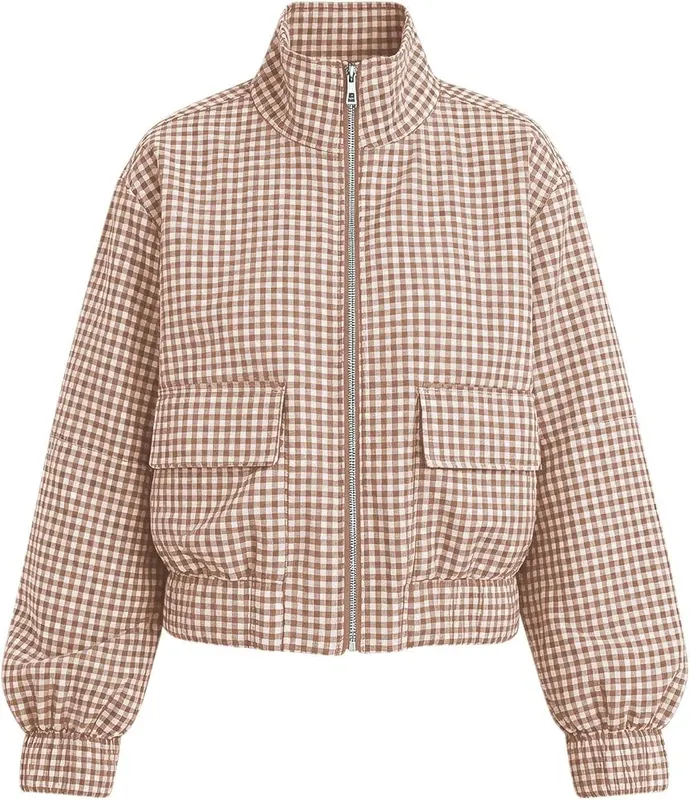 Generic Plaid Cropped Jackets Y2k Q01 Brown – Relaxed cropped silhouette
