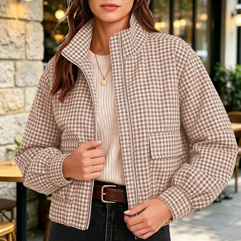 Generic Plaid Cropped Jackets Y2k Q01 Brown – Practical flap pockets