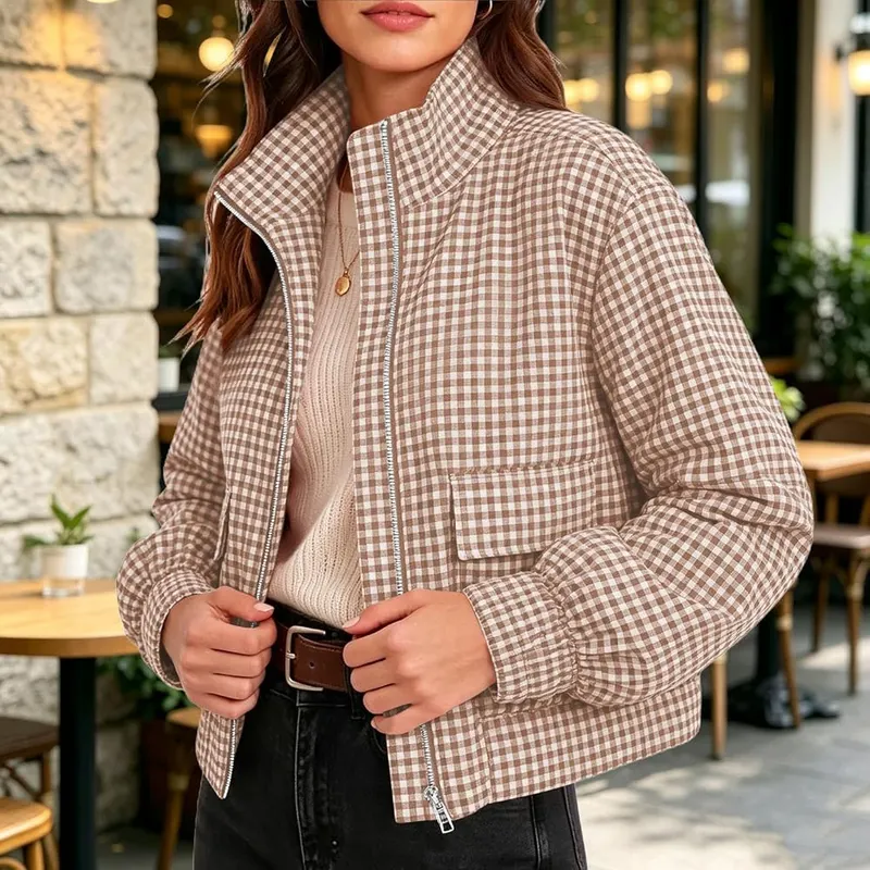 Generic Plaid Cropped Jackets Y2k Q01 Brown – Elasticized sleeve cuffs