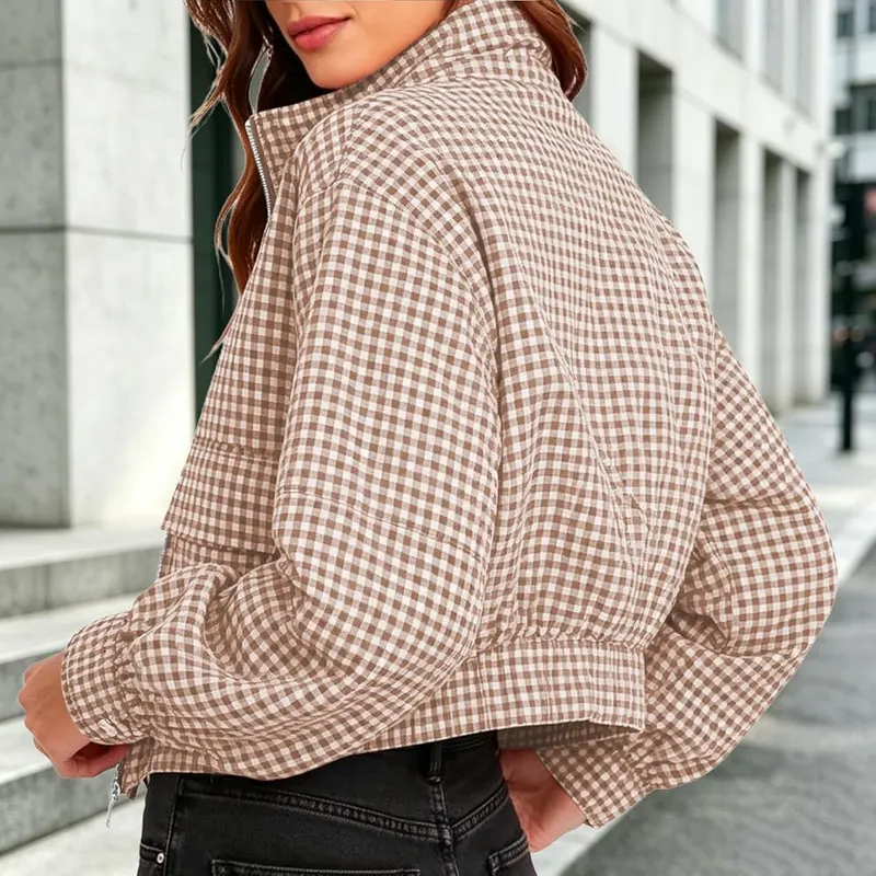 Generic Plaid Cropped Jackets Y2k Q01 Brown – product photo 8 of 8