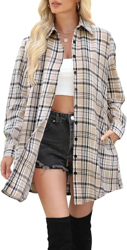 Generic Plaid Jacket Women Fall Casual Long in D04 Khaki