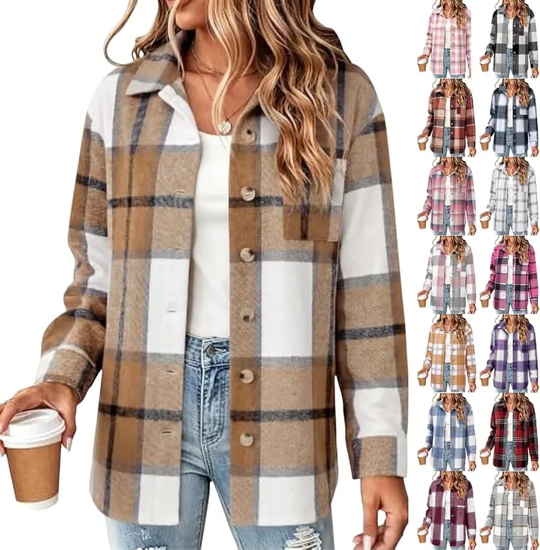 Generic Plaid Shacket Women Button Down Lapel in A001-khaki