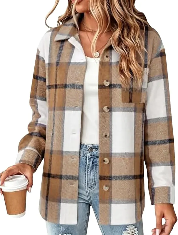Generic Plaid Shacket Women Button Down Lapel – Soft Fabric
