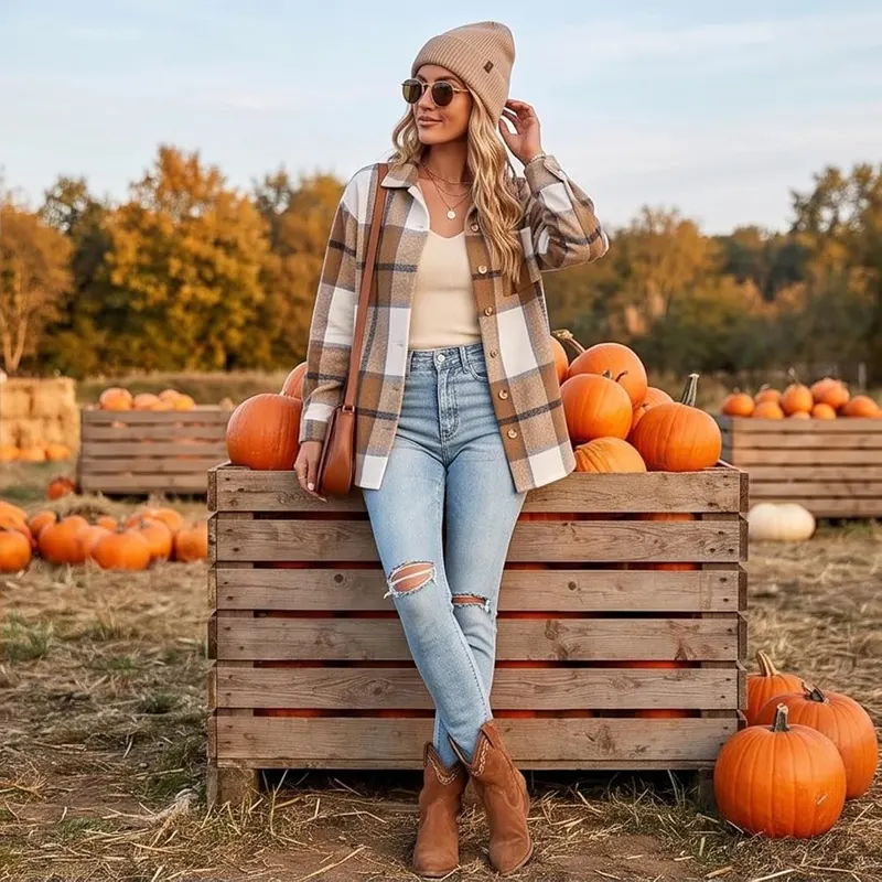 Generic Plaid Shacket Women Button Down Lapel – Vintage Y2K Aesthetic
