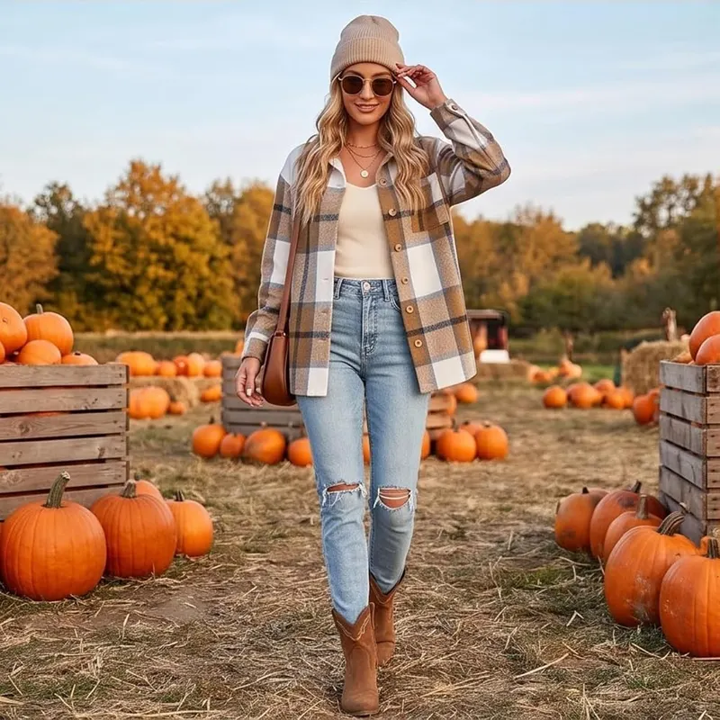 Generic Plaid Shacket Women Button Down Lapel – Multi Occasion Wear