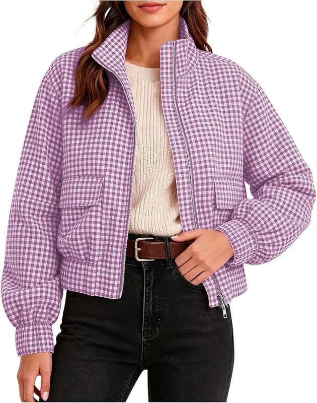Generic Plaid Short Jackets Q07 Purple in Q07 Purple