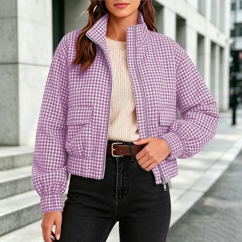 Generic Plaid Short Jackets Q07 Purple – Cozy fleece material with classic checkered pattern