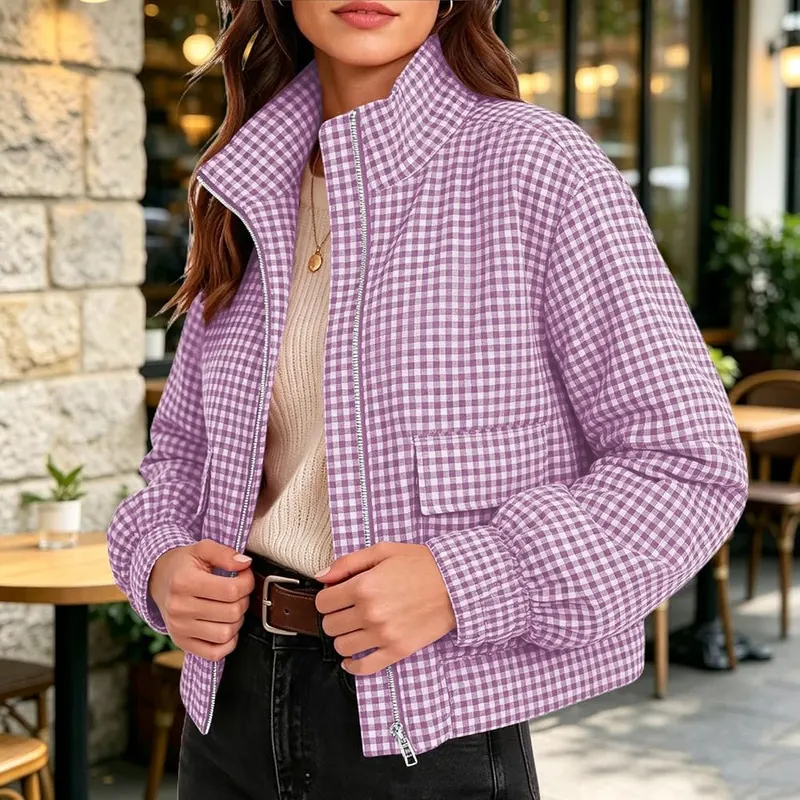 Generic Plaid Short Jackets Q07 Purple – Full front zipper closure and stand collar