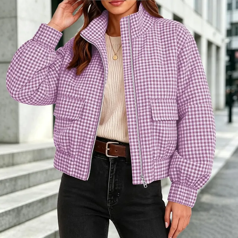 Generic Plaid Short Jackets Q07 Purple – Practical flap pockets for daily essentials