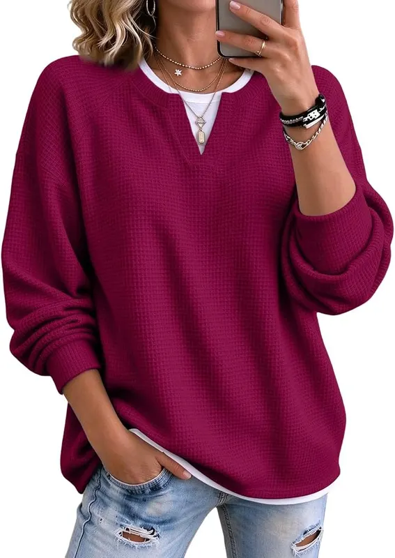 Generic Plus Size Sweatshirts Y2K A009wine – Lightweight waffle knit fabric with raised texture