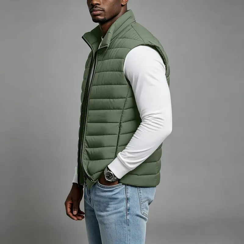 Generic Quilted Jacket Men Sleeveless Down Vest A002-army Green – Full Zip Adjustable Closure