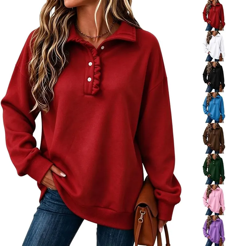 Generic Ruffle Sweatshirt Womens Oversized Casual Henley in A001-wine