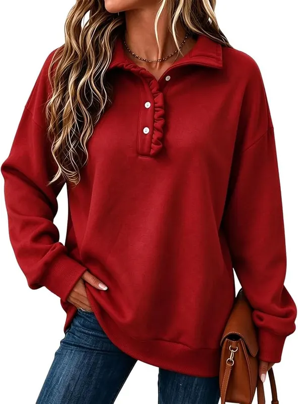 Generic Ruffle Sweatshirt Womens Oversized Casual Henley – Soft Fabric
