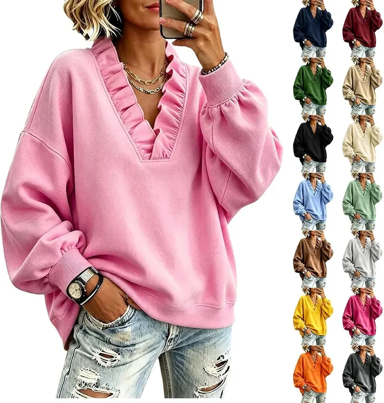 Generic Ruffle Trim Sweatshirt in A001-pink
