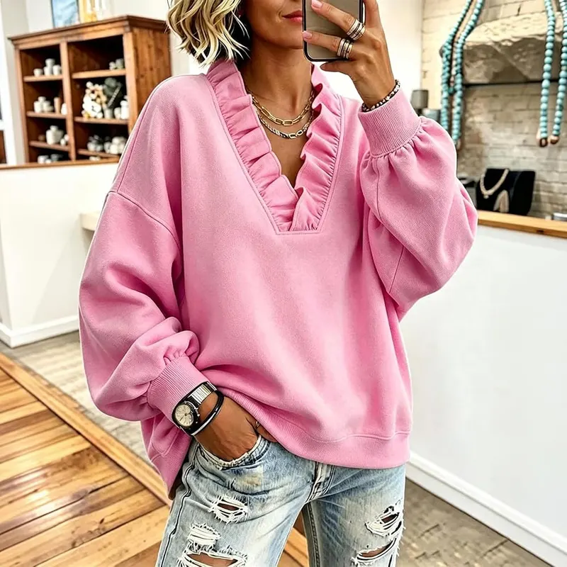 Generic Ruffle V Neck Sweatshirt A001-pink – Material