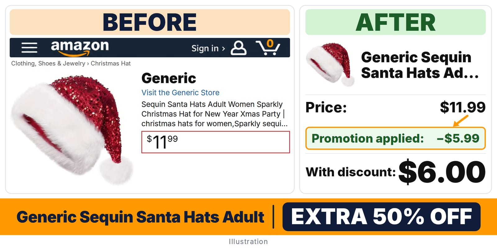 Generic Sequin Santa Hats Adult Women Sparkly deal: before and after – promo code 7RBA5ASB, 50% off on Amazon