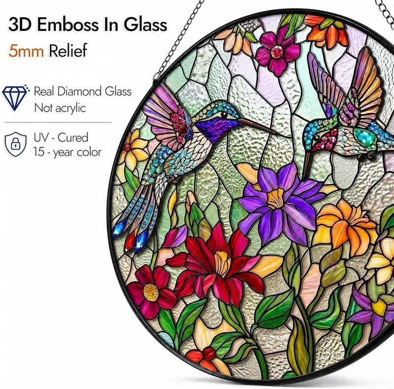 Generic Stained Glass Window Hanging 3D Hummingbird – Real diamond glass creates iridescent rainbow prisms
